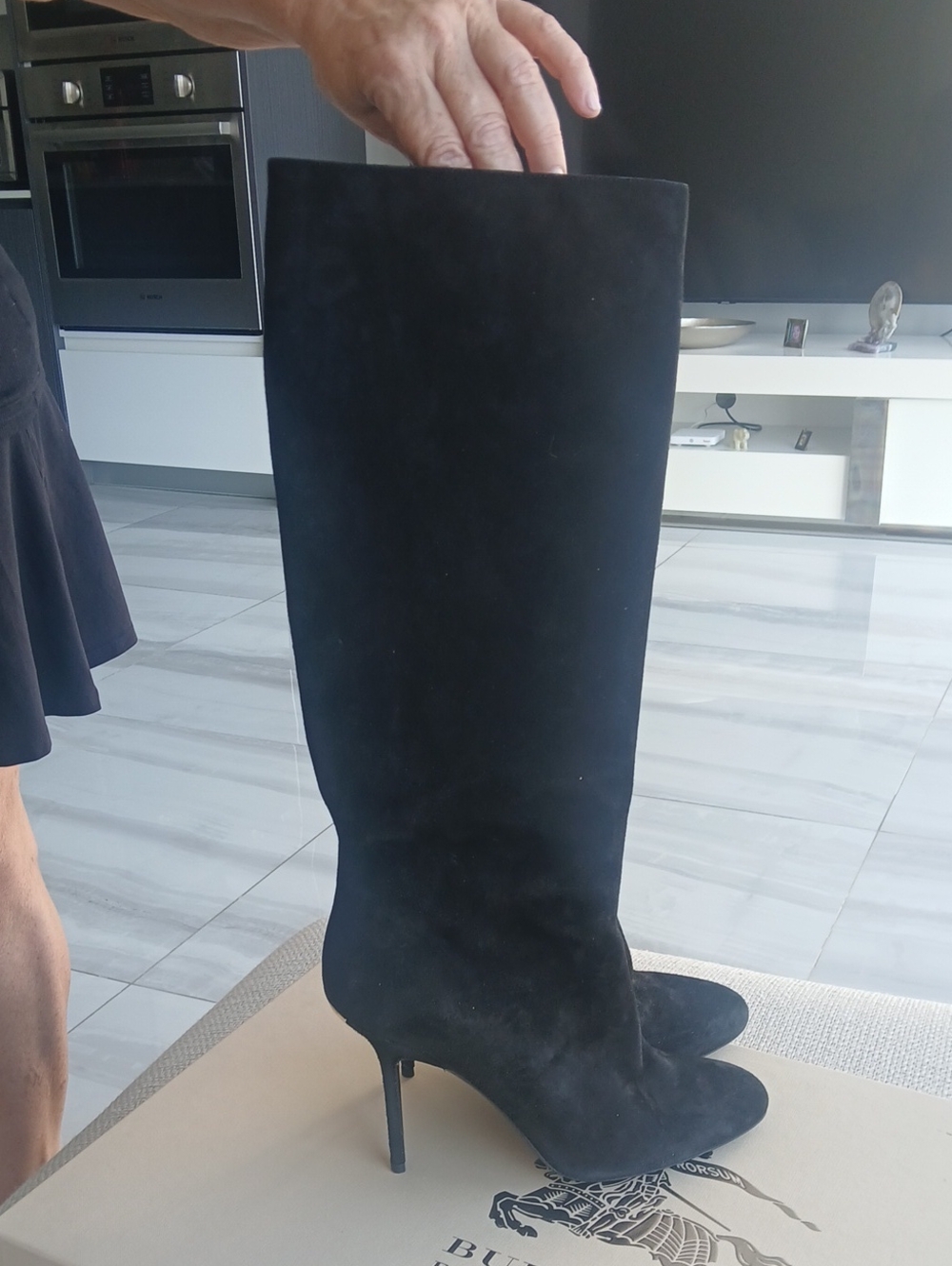 Burberry Black Knee-High Suede Stiletto Boots